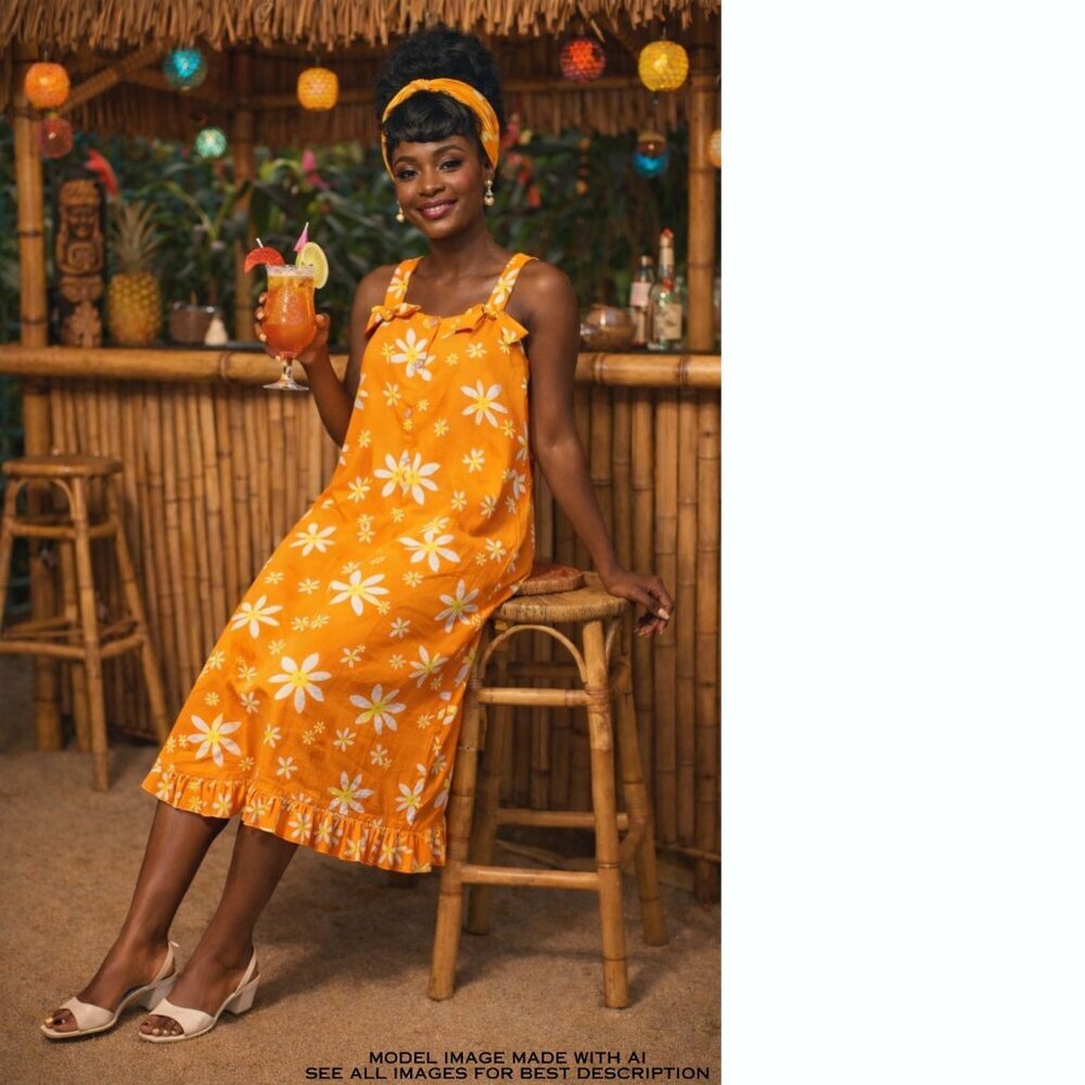 Vintage Waltah Clarke's Hawaiian MuuMuu 12 Sleeveless Midi Ruffle Resort Cruise